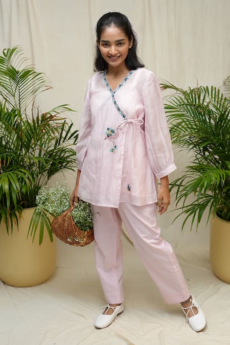 KKANYAAH Pink Kurta Handwoven Silk Hand Embroidered Flamingo Fable Angarkha And Pant Set 