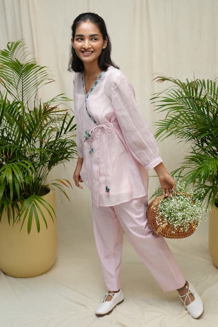 KKANYAAH Hand Embroidered Flamingo Fable Angarkha & Pant Set 