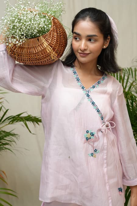 KKANYAAH_Pink Handloom , Silk, Hand Flamingo Fable Angarkha And Pant Set _Online_at_Aza_Fashions