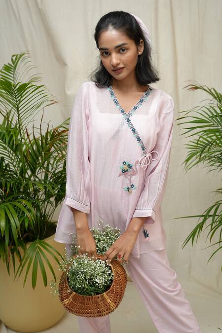 Buy_KKANYAAH_Pink Handloom , Silk, Hand Flamingo Fable Angarkha And Pant Set _Online_at_Aza_Fashions