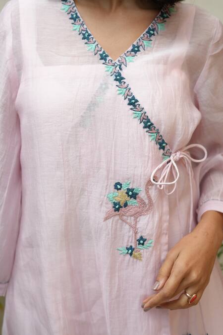 Shop_KKANYAAH_Pink Handloom , Silk, Hand Flamingo Fable Angarkha And Pant Set _Online_at_Aza_Fashions
