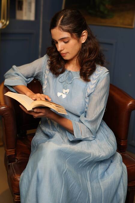 Shop_KKANYAAH_Blue , Silk, Handloom Applique, Hand Embroidered Retro Royal Dress _Online_at_Aza_Fashions