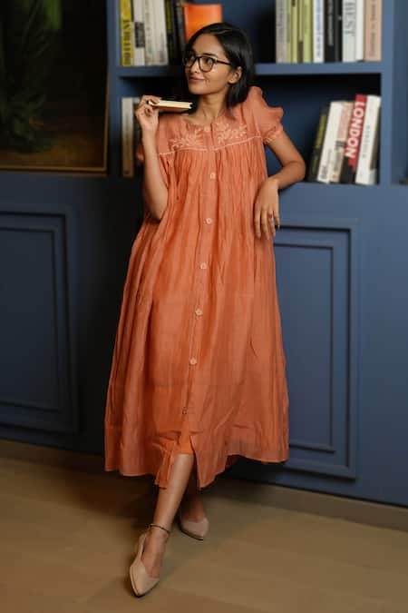 KKANYAAH Orange Dress Handwoven Silk Hand Embroidered Applique Round Retro Royal A-line 