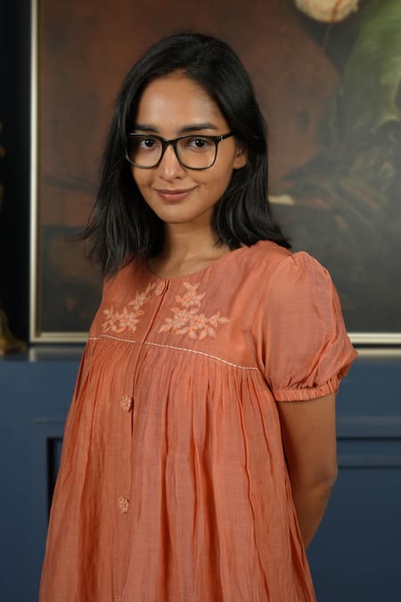 KKANYAAH_Orange Silk, , Handloom Embroidery Hand Retro Royal A-line Dress _Online_at_Aza_Fashions