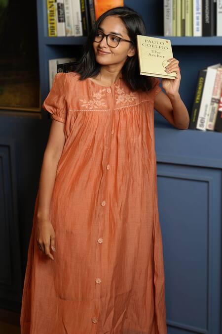 Buy_KKANYAAH_Orange Silk, , Handloom Embroidery Hand Retro Royal A-line Dress _Online_at_Aza_Fashions