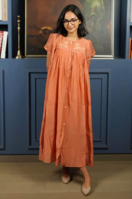 KKANYAAH_Orange Silk, , Handloom Embroidery Hand Retro Royal A-line Dress _at_Aza_Fashions