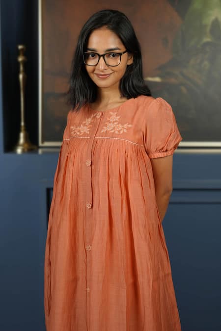 Buy_KKANYAAH_Orange Silk, , Handloom Embroidery Hand Retro Royal A-line Dress 