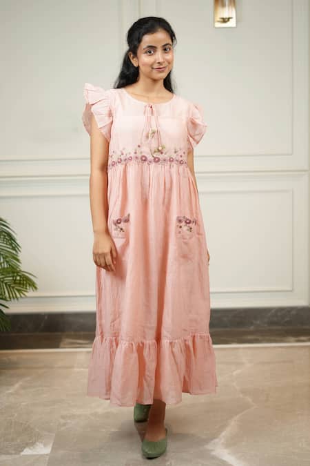 KKANYAAH_Peach Silk, , Handloom Embroidery Round Hand Filigree Pocket Dress _Online_at_Aza_Fashions