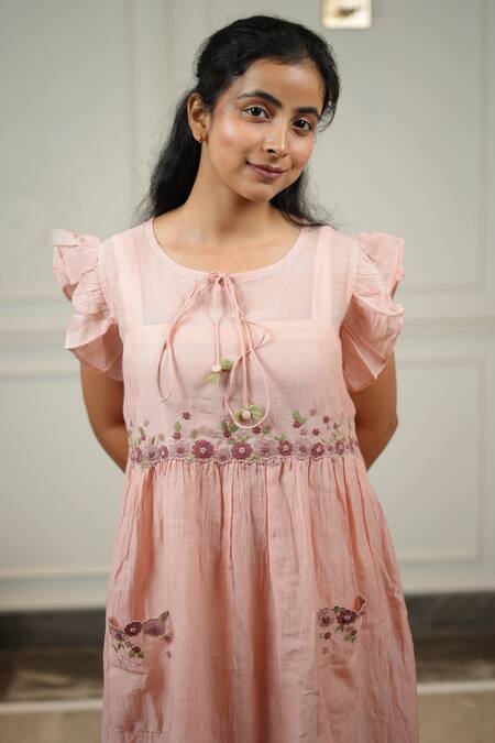 Buy_KKANYAAH_Peach Silk, , Handloom Embroidery Round Hand Filigree Pocket Dress _Online_at_Aza_Fashions