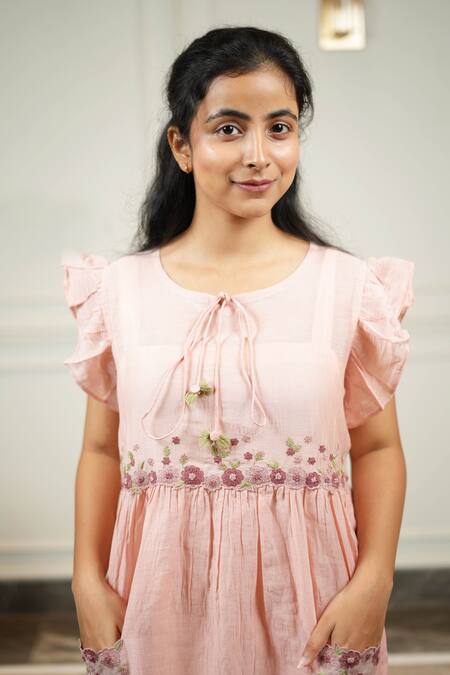 Shop_KKANYAAH_Peach Silk, , Handloom Embroidery Round Hand Filigree Pocket Dress _Online_at_Aza_Fashions