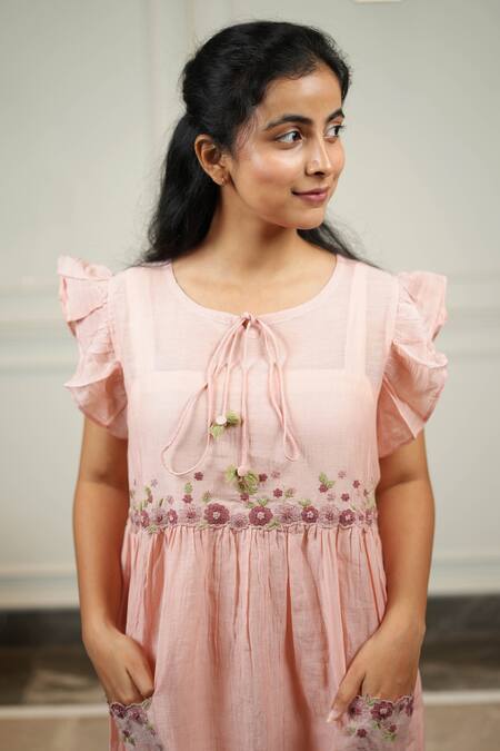 KKANYAAH_Peach Silk, , Handloom Embroidery Round Hand Filigree Pocket Dress _at_Aza_Fashions