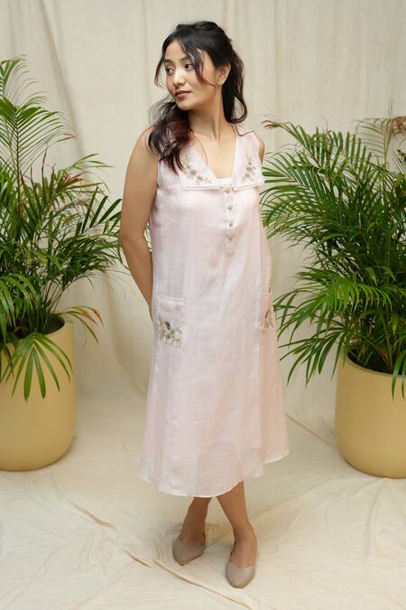 KKANYAAH_Pink Silk, Cotton Embroidery Shawl Neck Hand Wonder Pocket Dress _Online_at_Aza_Fashions