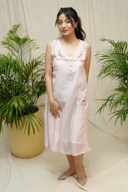 Buy_KKANYAAH_Pink Silk, Cotton Embroidery Shawl Neck Hand Wonder Pocket Dress _Online_at_Aza_Fashions