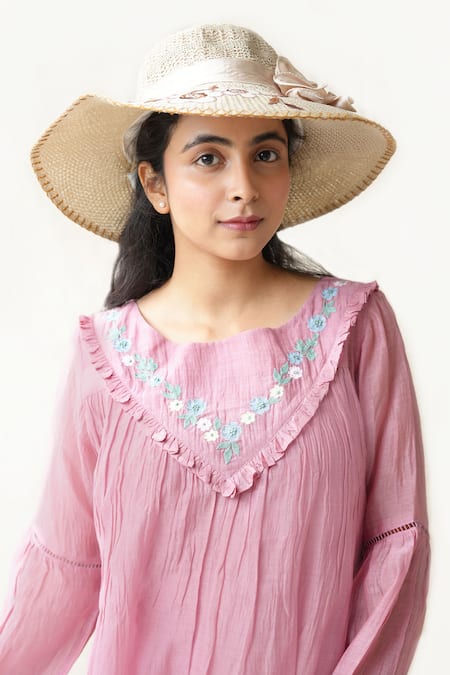 KKANYAAH_Pink Silk, Cotton Embroidery Round Neck Flower Hand Retro Royal Dress _Online_at_Aza_Fashions