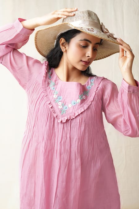 Buy_KKANYAAH_Pink Silk, Cotton Embroidery Round Neck Flower Hand Retro Royal Dress _Online_at_Aza_Fashions