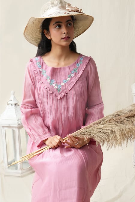 Shop_KKANYAAH_Pink Silk, Cotton Embroidery Round Neck Flower Hand Retro Royal Dress _Online_at_Aza_Fashions
