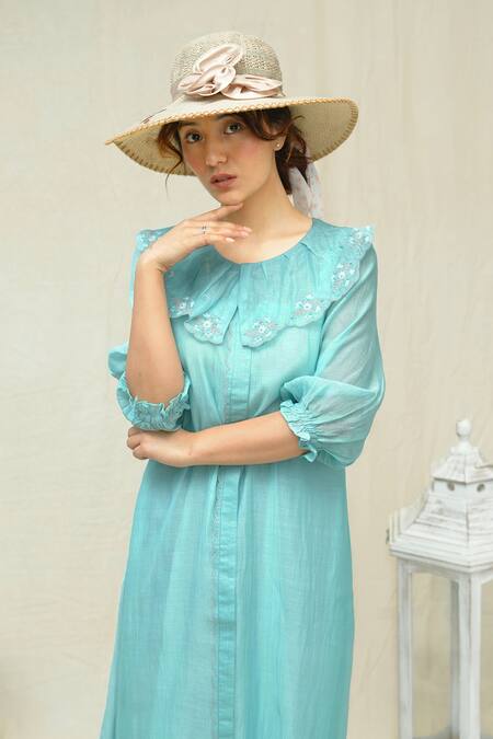 KKANYAAH_Blue Silk, Cotton Embroidery Round Neck Flower Hand Retro Royal Dress _Online_at_Aza_Fashions