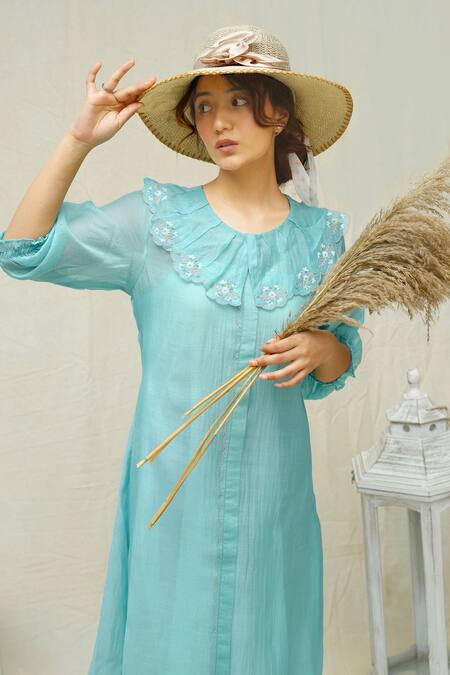 Buy_KKANYAAH_Blue Silk, Cotton Embroidery Round Neck Flower Hand Retro Royal Dress _Online_at_Aza_Fashions