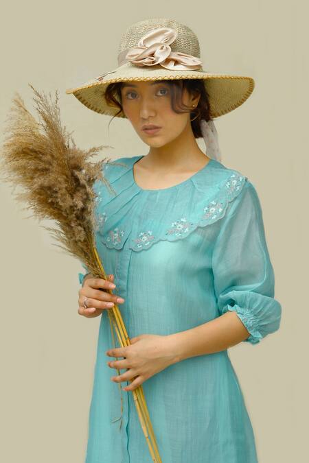 Shop KKANYAAH Blue Silk, Cotton Embroidery Round Neck Flower Hand Retro Royal Dress Online at Aza Fashions Shop_KKANYAAH_Blue Silk, Cotton Embroidery Round Neck Flower Hand Retro Royal Dress _Online_at_Aza_Fashions