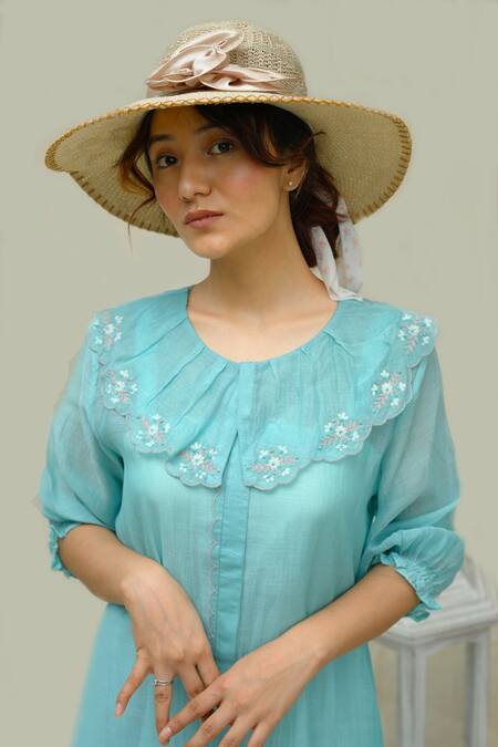 KKANYAAH Blue Silk, Cotton Embroidery Round Neck Flower Hand Retro Royal Dress at Aza Fashions KKANYAAH_Blue Silk, Cotton Embroidery Round Neck Flower Hand Retro Royal Dress _at_Aza_Fashions