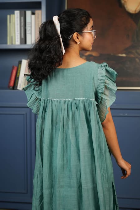 Shop_Kkanyaah_Green Silk, Cotton Embroidery Round Neck Appliqued Retro Royal Dress _at_Aza_Fashions