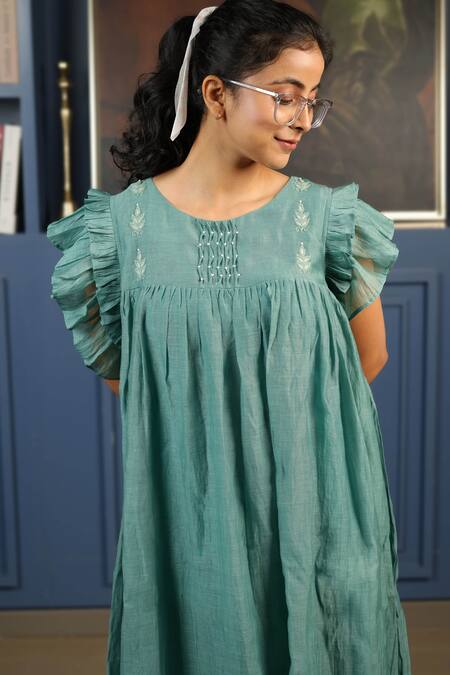 Kkanyaah_Green Silk, Cotton Embroidery Round Neck Appliqued Retro Royal Dress _Online_at_Aza_Fashions
