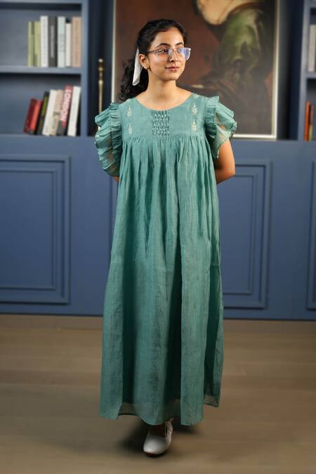 Buy_Kkanyaah_Green Silk, Cotton Embroidery Round Neck Appliqued Retro Royal Dress _Online_at_Aza_Fashions