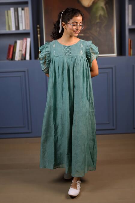 Shop_Kkanyaah_Green Silk, Cotton Embroidery Round Neck Appliqued Retro Royal Dress _Online_at_Aza_Fashions
