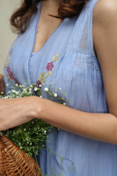 Buy_KKANYAAH_Blue Silk, Cotton Embroidery V-neck Hand Countryside Dress _Online_at_Aza_Fashions