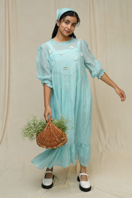 KKANYAAH Blue Dress Handwoven Silk Hand Embroidered 3 D Flower Round Gental Ponder 