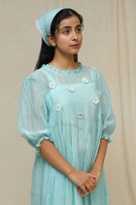 KKANYAAH_Blue Silk, Cotton Embroidery Round Neck Hand Gental Ponder Dress _Online_at_Aza_Fashions
