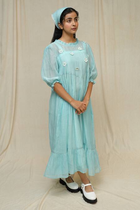 Buy_KKANYAAH_Blue Silk, Cotton Embroidery Round Neck Hand Gental Ponder Dress _Online_at_Aza_Fashions