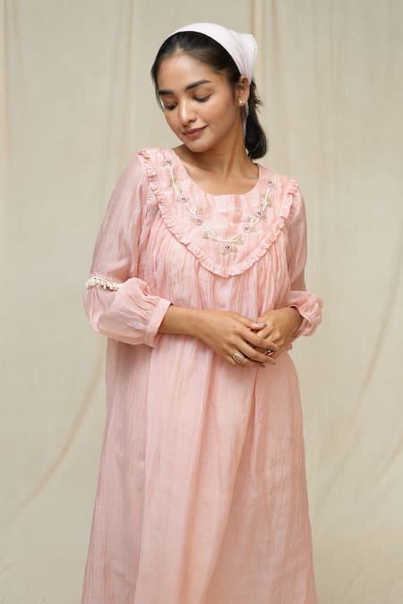 Buy_KKANYAAH_Peach Silk, Cotton Embroidery Round Neck Hand Rosymary Dress _Online_at_Aza_Fashions