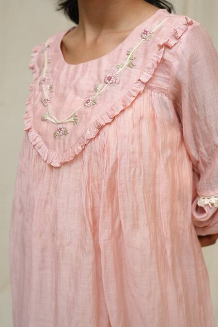 Shop_KKANYAAH_Peach Silk, Cotton Embroidery Round Neck Hand Rosymary Dress _Online_at_Aza_Fashions