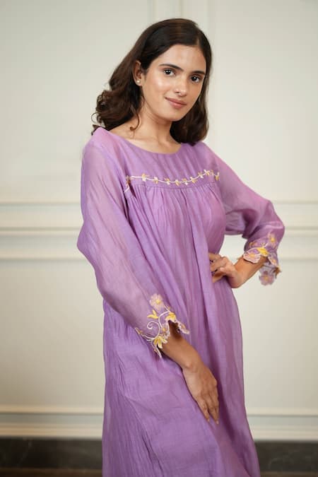 Buy_KKANYAAH_Purple Silk, Cotton Embroidery Round Neck Flower Hand Winged Beauty Dress _Online_at_Aza_Fashions