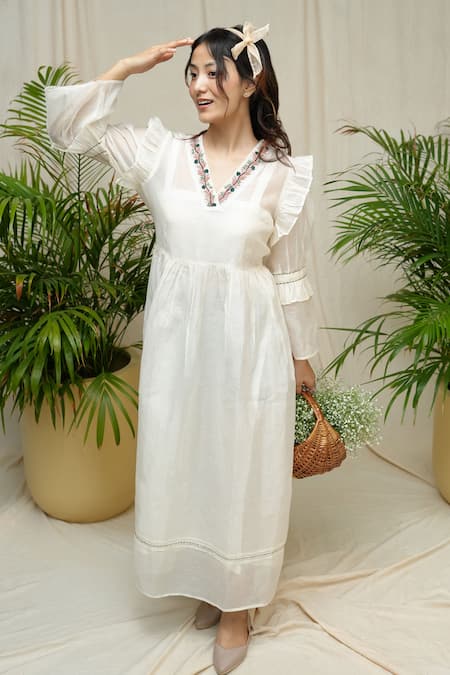 KKANYAAH Off White Dress Handwoven Silk Hand Embroidered Floral V-neck Homestad Harmony 