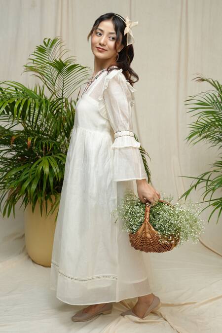 KKANYAAH_Off White Silk, Cotton Embroidery V-neck Hand Homestad Harmony Dress _Online_at_Aza_Fashions