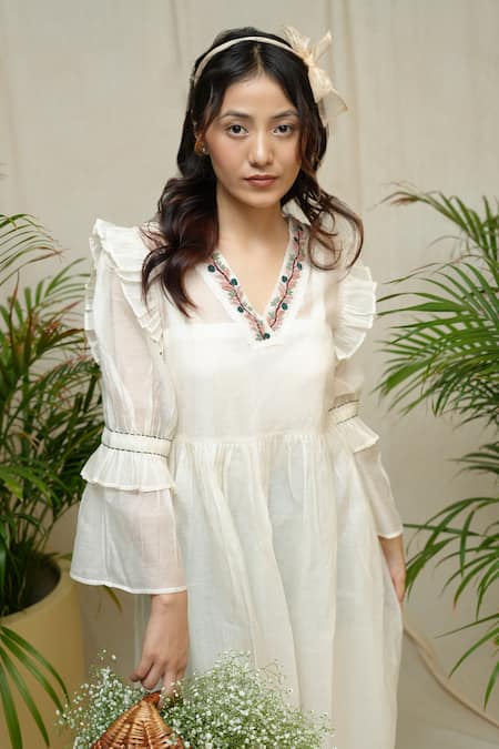 Shop_KKANYAAH_Off White Silk, Cotton Embroidery V-neck Hand Homestad Harmony Dress _Online_at_Aza_Fashions