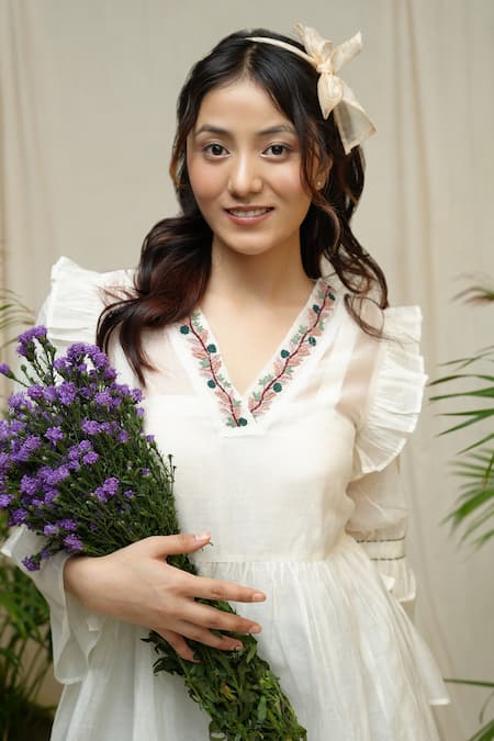 KKANYAAH_Off White Silk, Cotton Embroidery V-neck Hand Homestad Harmony Dress _at_Aza_Fashions