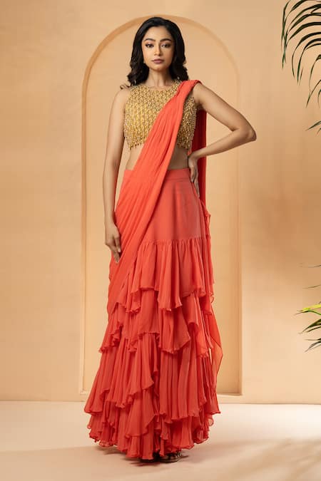 Quench A Thirst Pre-Stitched Ruffle Saree With Embroidered Blouse 