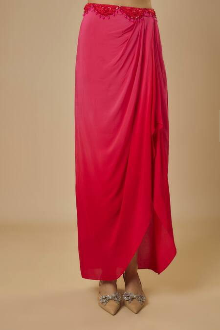 Ewoke Pink Organza, Crepe Floral Vine Embellished Jacket Ombre Draped Skirt Set at Aza Fashions Ewoke_Pink Organza, Crepe Floral Vine Embellished Jacket Ombre Draped Skirt Set _at_Aza_Fashions