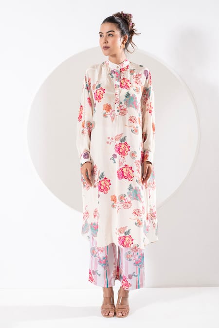 Shop Ekavira Ivory Crepe, Silk Embroidery Kanak Floral Print High Low Kurta With Pant at Aza Fashions Shop_Ekavira_Ivory Crepe, Silk Embroidery Kanak Floral Print High Low Kurta With Pant _at_Aza_Fashions