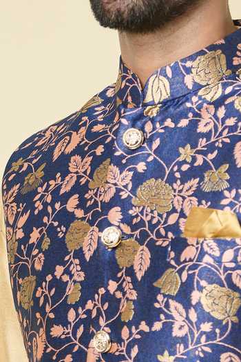 Arihant Rai Sinha Blue Jacquard Embroidery Rose Vine Woven Bundi Online at Aza Fashions Arihant Rai Sinha_Blue Jacquard Embroidery Rose Vine Woven Bundi _Online_at_Aza_Fashions