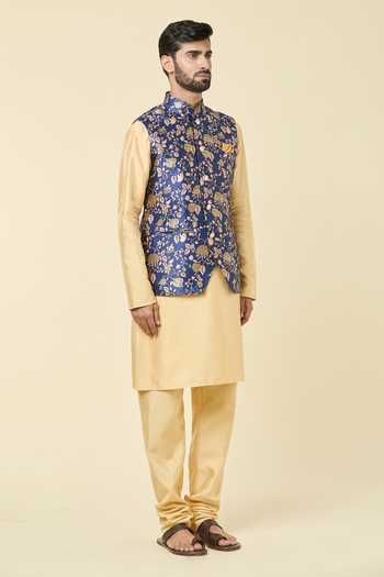 Shop Arihant Rai Sinha Blue Jacquard Embroidery Rose Vine Woven Bundi Online at Aza Fashions Shop_Arihant Rai Sinha_Blue Jacquard Embroidery Rose Vine Woven Bundi _Online_at_Aza_Fashions