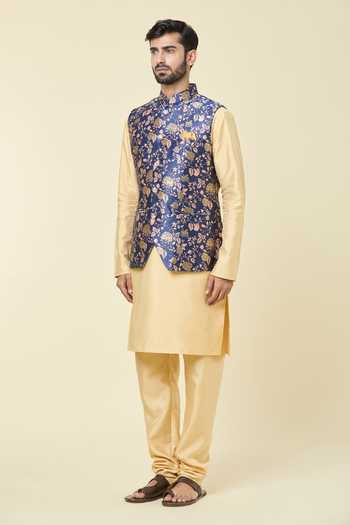 Arihant Rai Sinha Blue Jacquard Embroidery Rose Vine Woven Bundi at Aza Fashions Arihant Rai Sinha_Blue Jacquard Embroidery Rose Vine Woven Bundi _at_Aza_Fashions