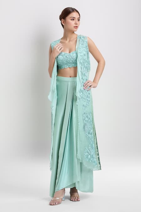 Mishru Embroidered Cape & Draped Skirt Set 