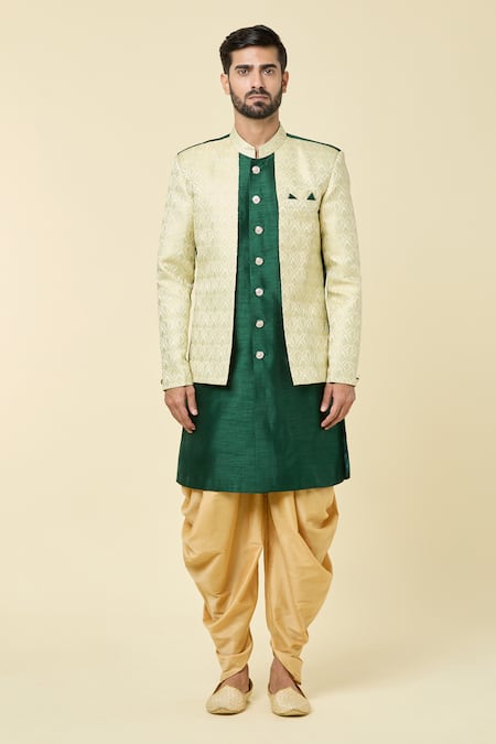 Buy_Arihant Rai Sinha_Green Silk, Jacquard Embroidery Woven Floral Panel Kurta With Peshawari Pant _Online_at_Aza_Fashions