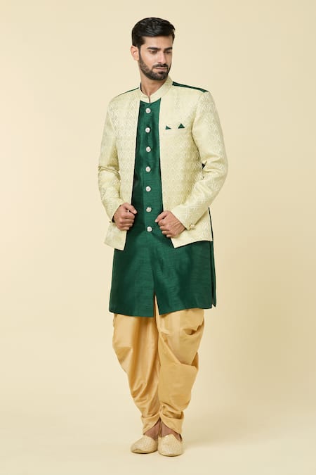 Shop_Arihant Rai Sinha_Green Silk, Jacquard Embroidery Woven Floral Panel Kurta With Peshawari Pant _Online_at_Aza_Fashions