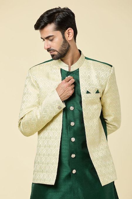 Arihant Rai Sinha_Green Silk, Jacquard Embroidery Woven Floral Panel Kurta With Peshawari Pant _at_Aza_Fashions