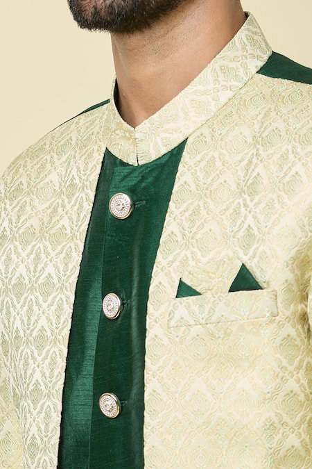Buy_Arihant Rai Sinha_Green Silk, Jacquard Embroidery Woven Floral Panel Kurta With Peshawari Pant 
